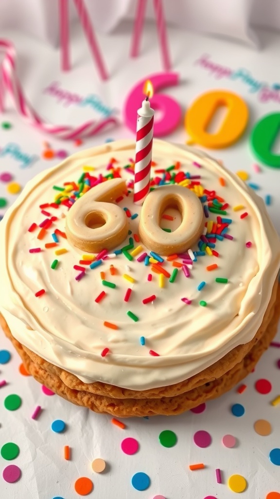 A giant cookie cake for a 60th birthday, adorned with frosting and sprinkles on a festive table.